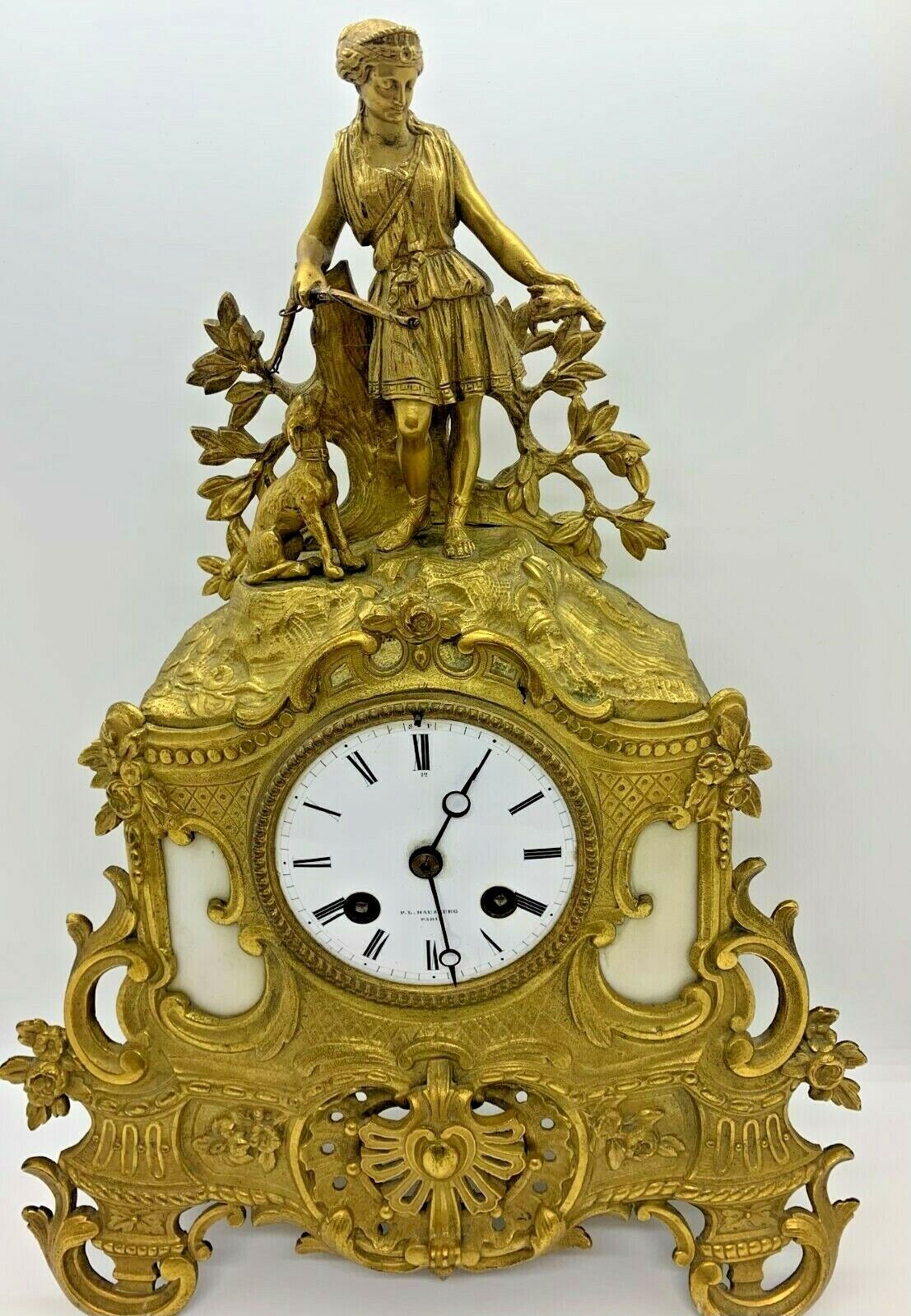 MID 19th CENTURY FRENCH FIGURAL Ormolu & White Mantel Clock by F. L. Hausburg