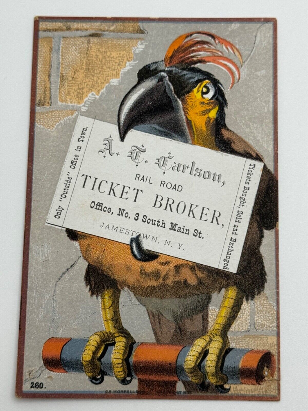 Antique Victorian Carlson Railroad Ticket Broker Jamestown NY Parrot Trade Card