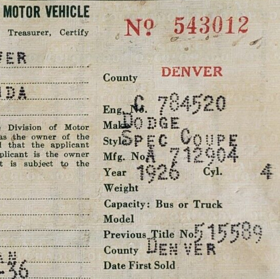 Dodge Special Coupe 1926 Car Certificate c1936 Denver Colorado Antique Paper B84