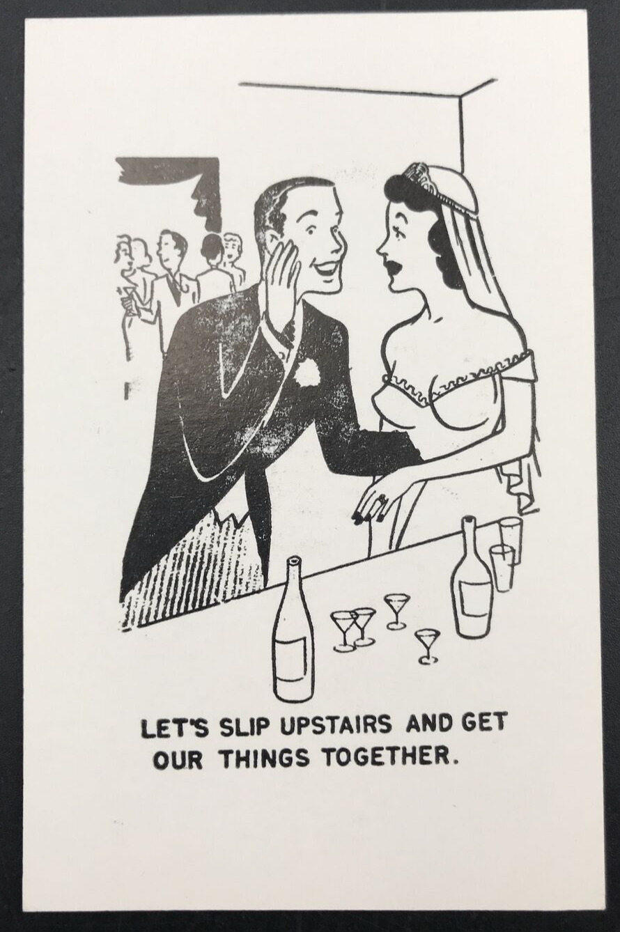 c1940s State Hill Beer Garden Wedding Let\'s Slip Upstairs Comic Ad Trade Card