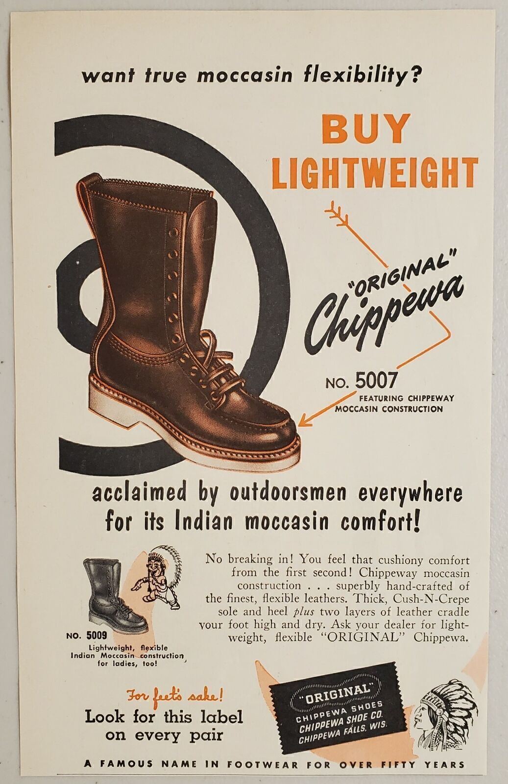 1954 Print Ad Chippewa Indian Moccasin Type Boots Chippewa Falls,Wisconsin