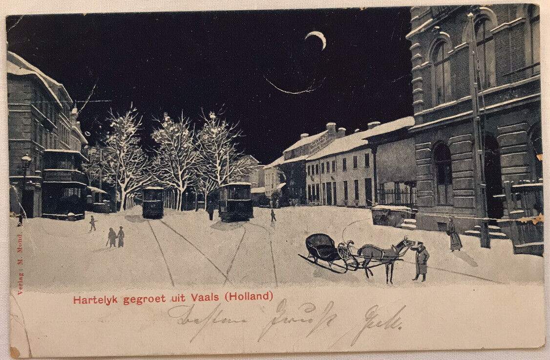Antique 1901 Dutch Postcard Nightime Winter Village