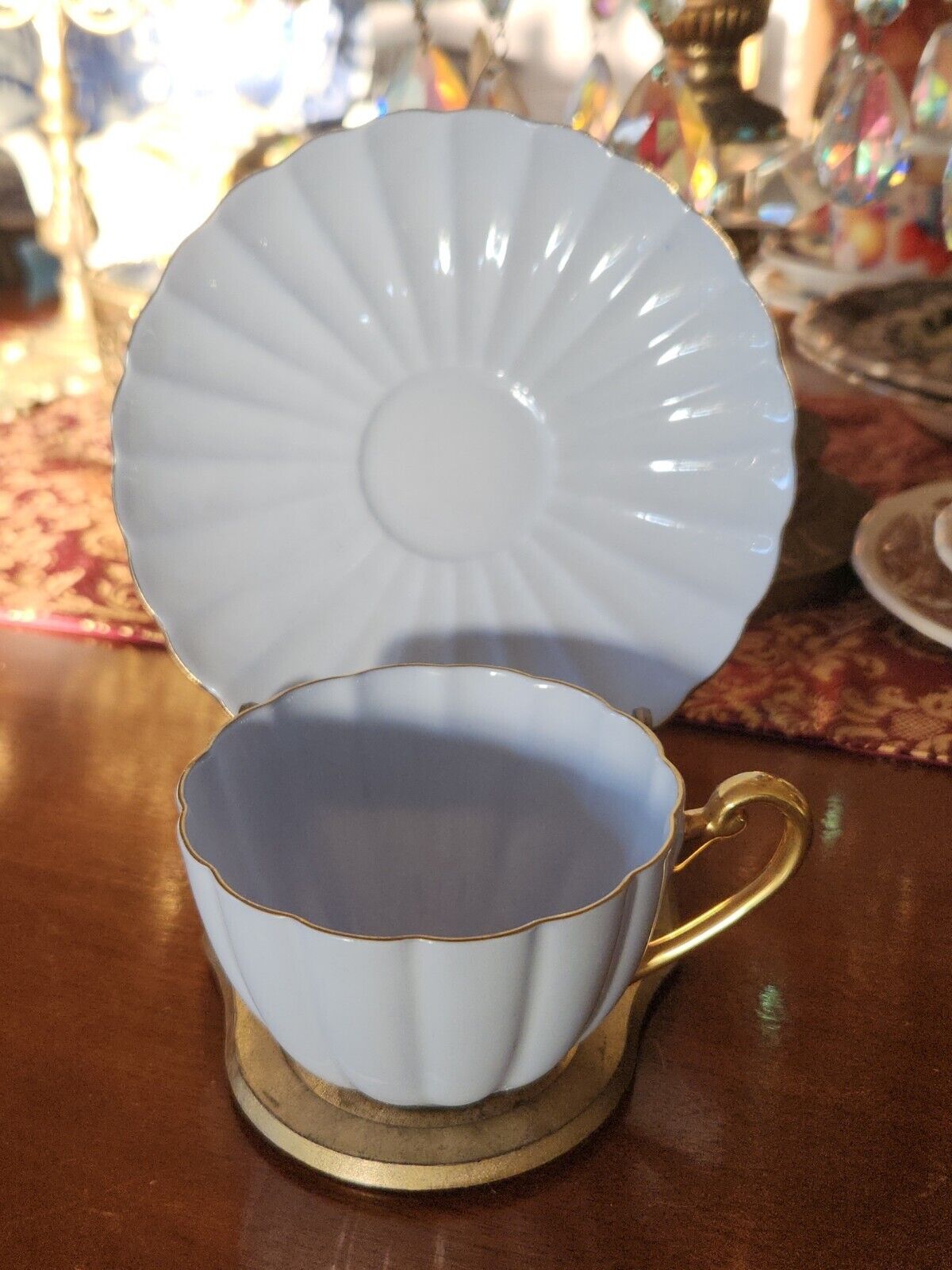 Rare Shape Pastel Blue Shelley Bone China Tea Cup And Saucer Gold