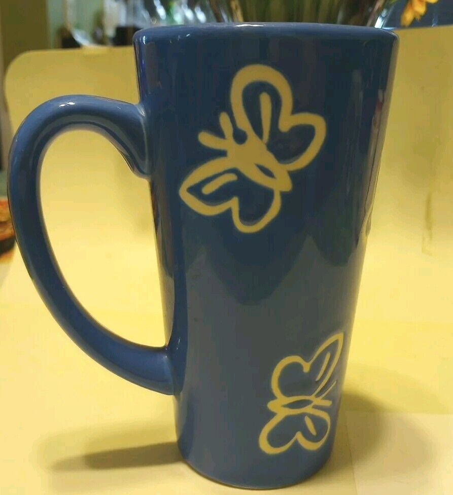 Blue Mug w/ Rose & Butterflies Coffee/ Cocoa/ Tea Cup Tall WCL Brand EUC