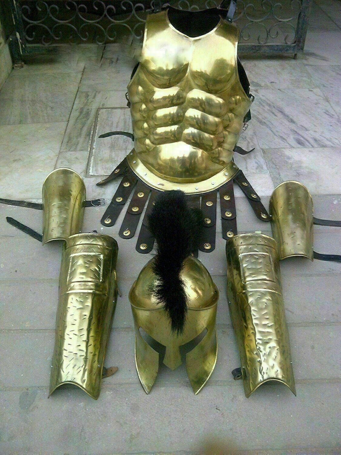Brass Polished Greek Spartan Muscle Armor Helmet Leg/Arm Guard Set