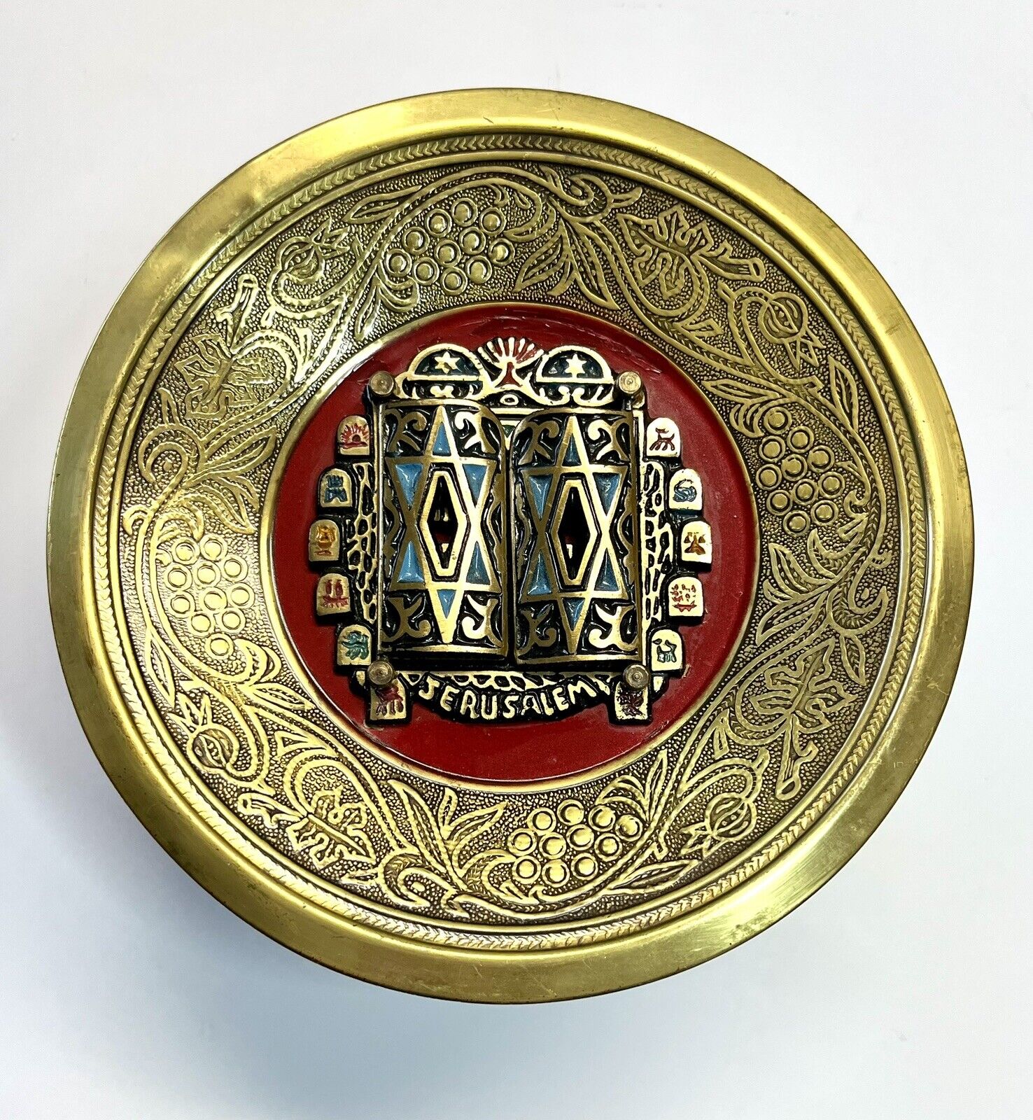 Vintage Brass & Colorful Enamel Plate Torah Ten Commandments Judica Jerusalem