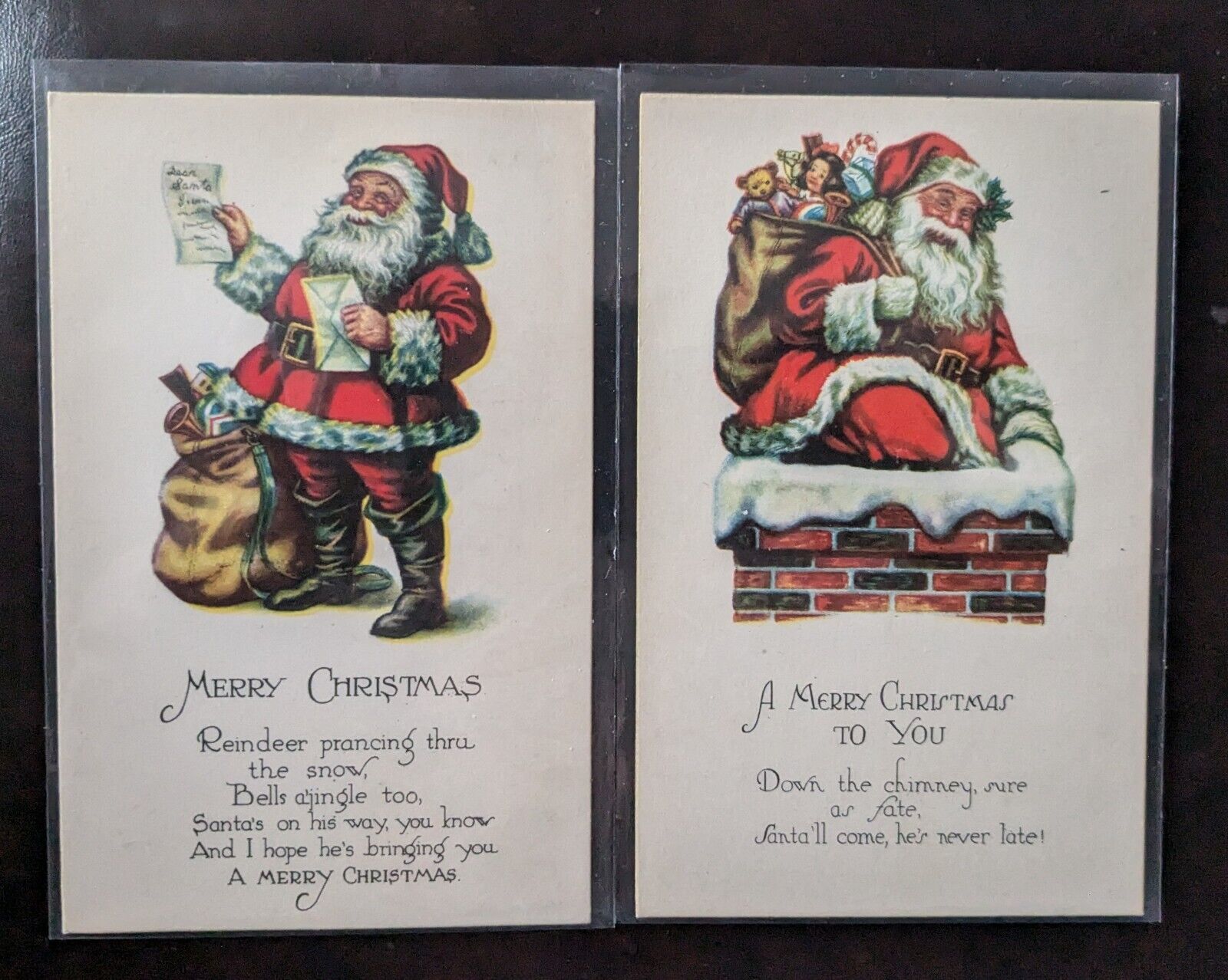 Lot 2 Christmas Santa Reading His List *  Chimney Toy Bag Postcards VG