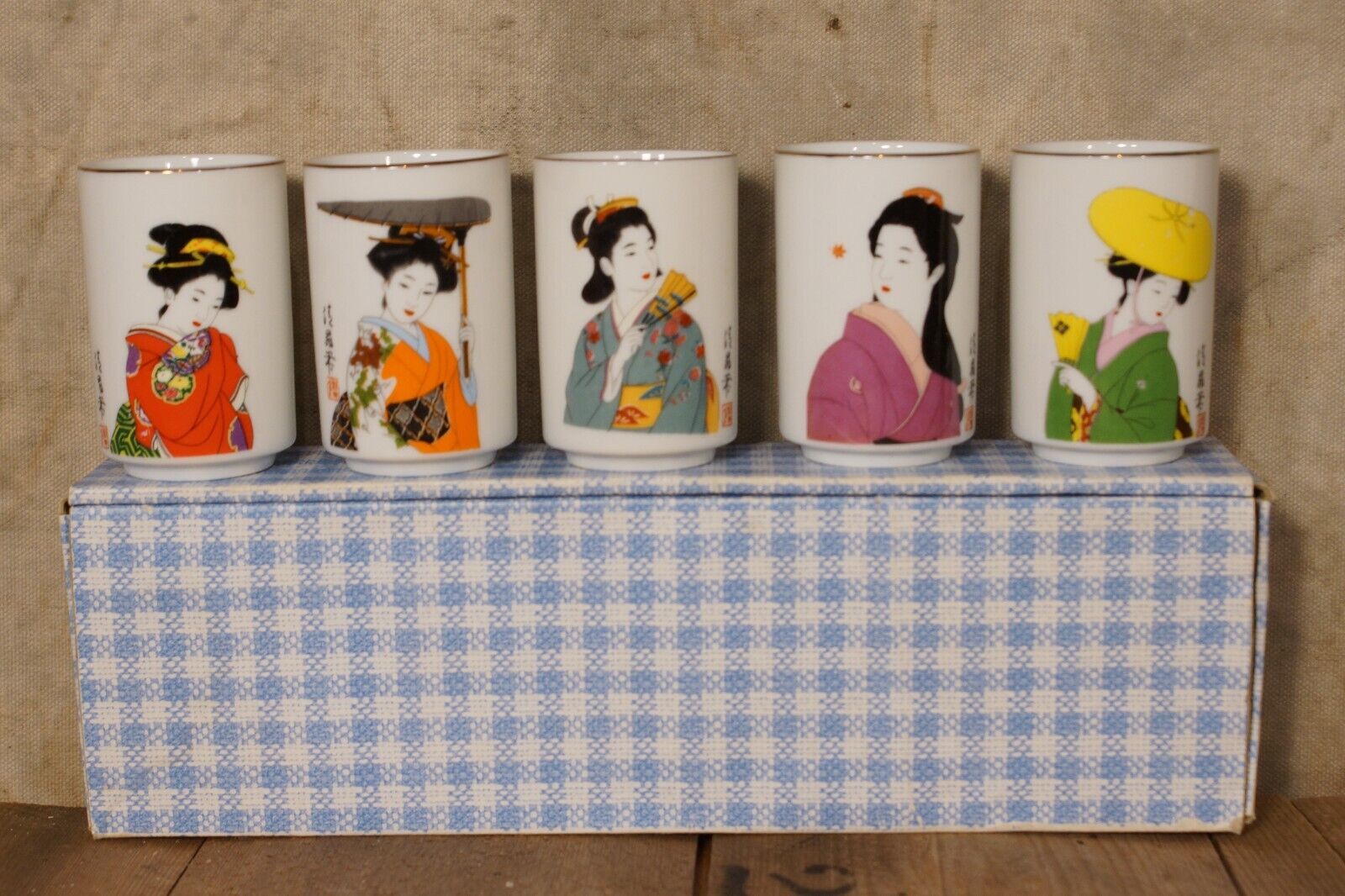 Vintage Japanese Geisha Sake Tea Cups Set of 5 Original Box