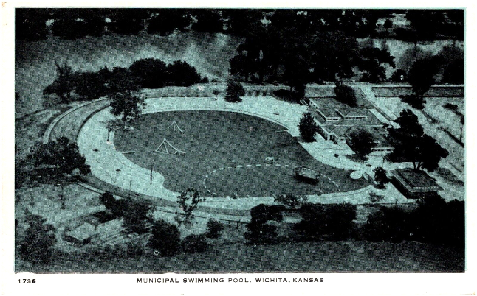 Municipal Swimming Pool Wichita Kansas KS Aerial View 1920s Postcard Blue Tint