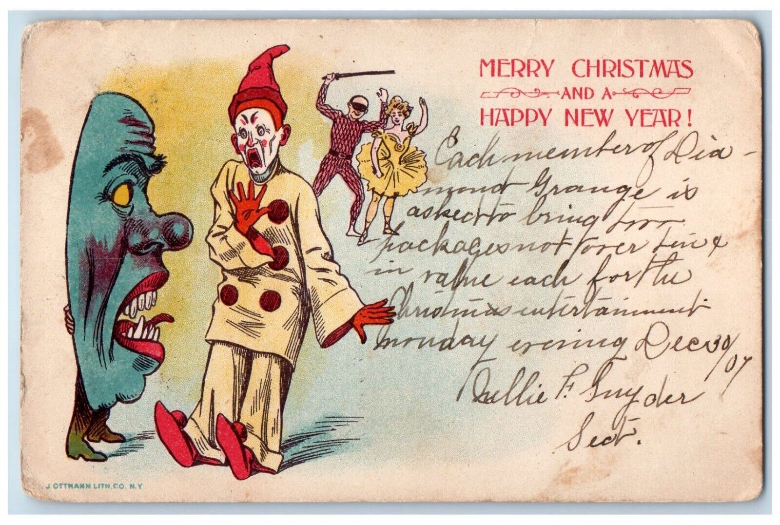 1907 Merry Christmas Happy New Year Jester Masquerade Newport DE Posted Postcard