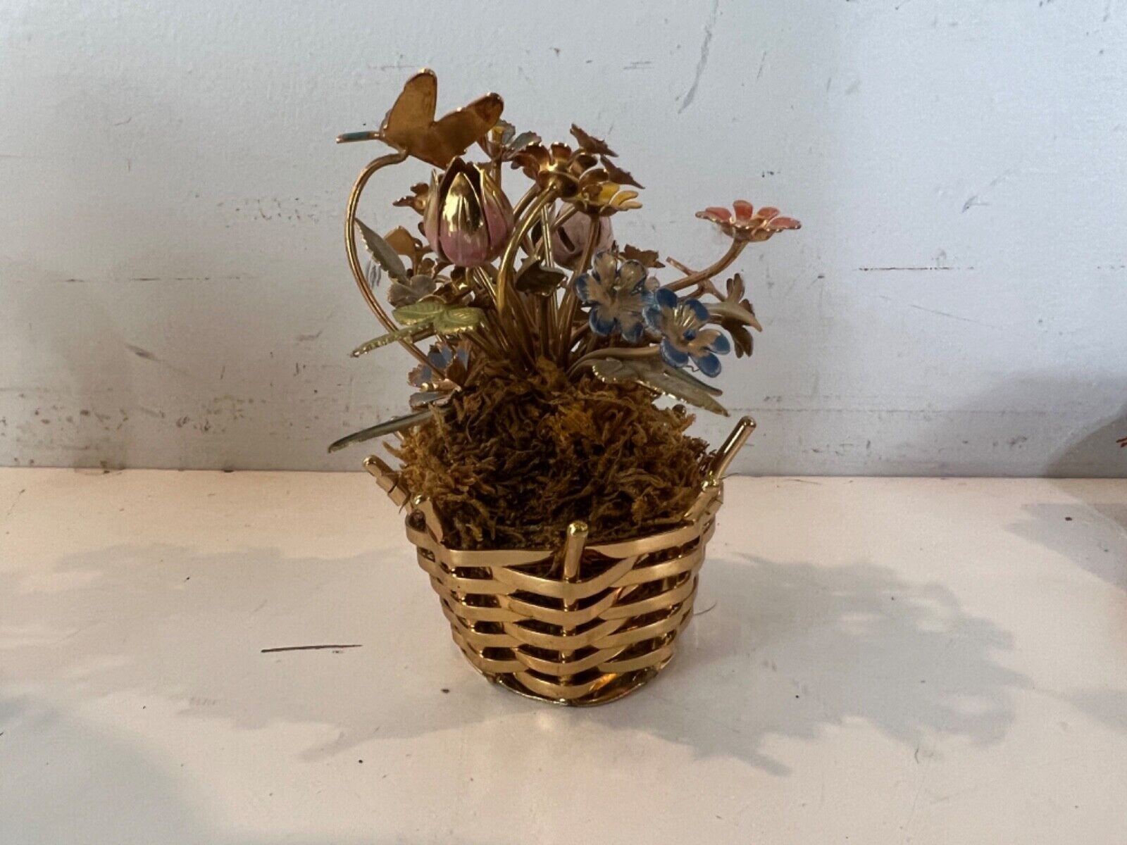 Vintage Brass Enamel Painted Floral Decorative Flower Basket with Dragonfly