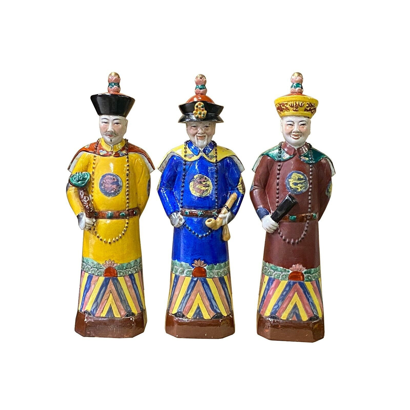 Chinese Color 3 Standing Ching Qing Emperor Kings Figure Set ws2131
