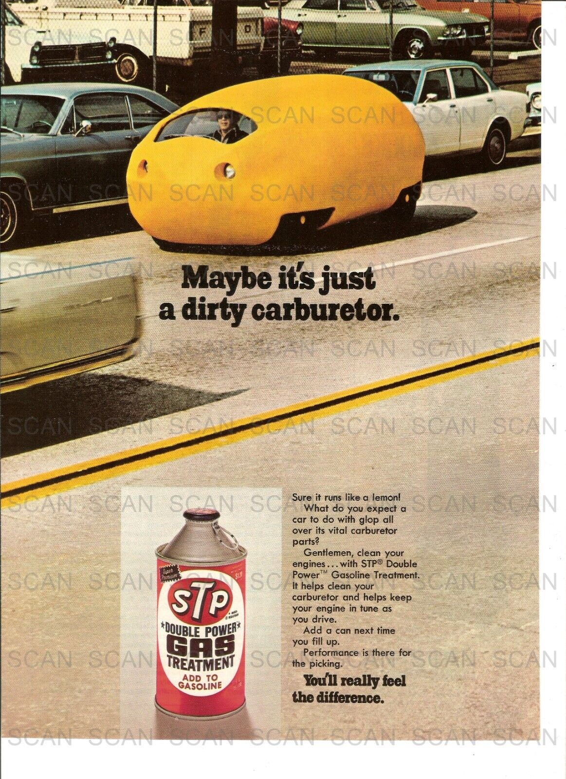 1972 STP Gas Treatment Vintage Magazine Ad  Car Runs Like A Lemon