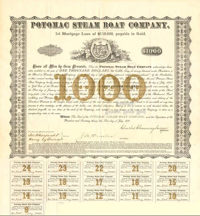Potomac Steam Boat Co. - $1,000 - Bond (Uncanceled) - Shipping Bonds