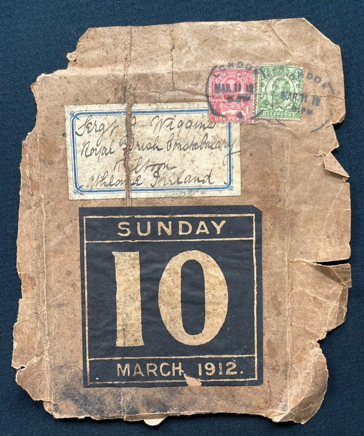 1912 Postal Fragment, Sgt. J. Wiggins, Royal Irish Constabulary, Kiltoom Athlone