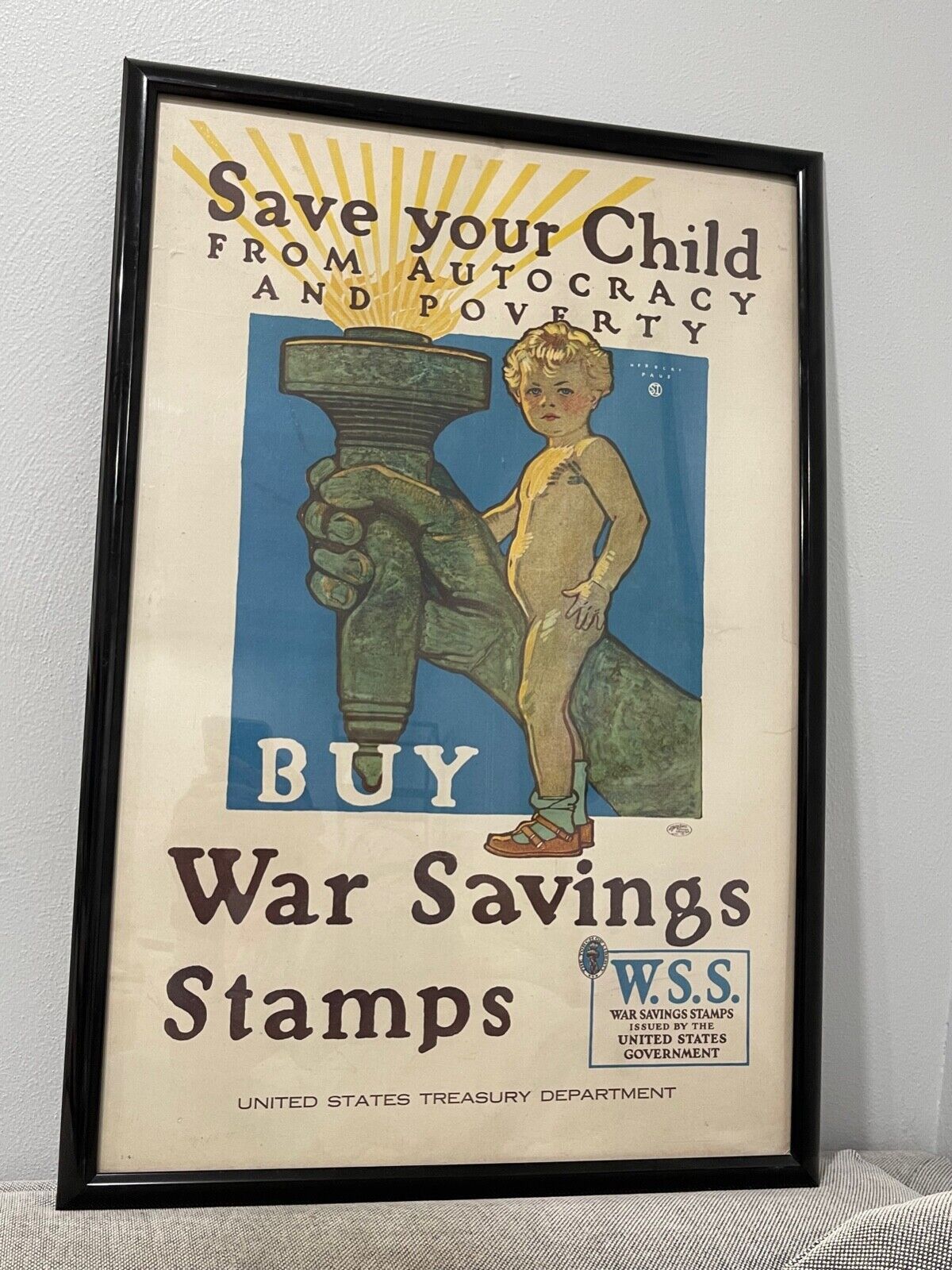 Antique World War I Poster Herbert Paus Save Your Child Buy War Savings Stamps