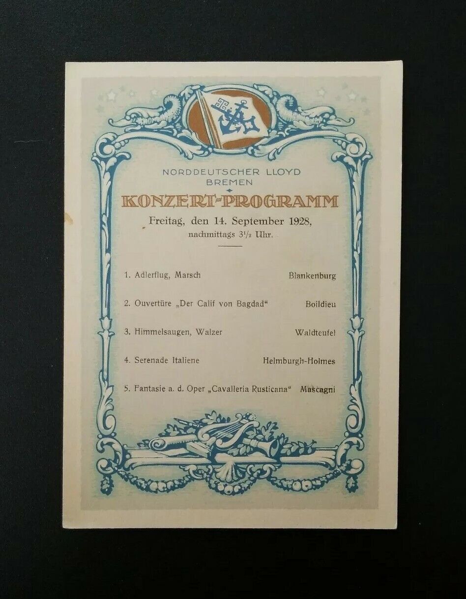 1928 Norddeutscher Lloyd Bremen Cruise Ship Concert Program 