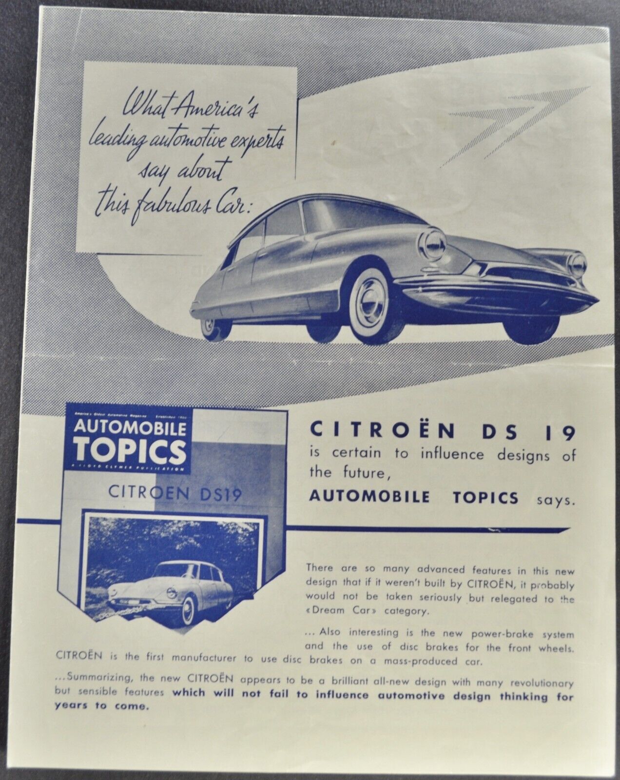 1956-1957 Citroen DS19 Sedan Sales Brochure Folder Nice Original