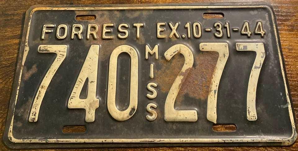 1944 Mississippi Vintage License Plate Forrest County WWII Era 740 277
