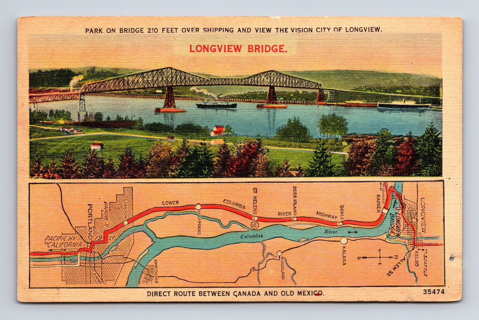 Multi-View Longview Bridge & Map of Columbia River Longview WA Postcard