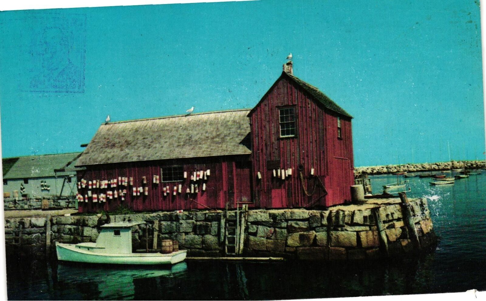 Vintage Postcard- Building and boat on a dock, Rockport, MA 1960s