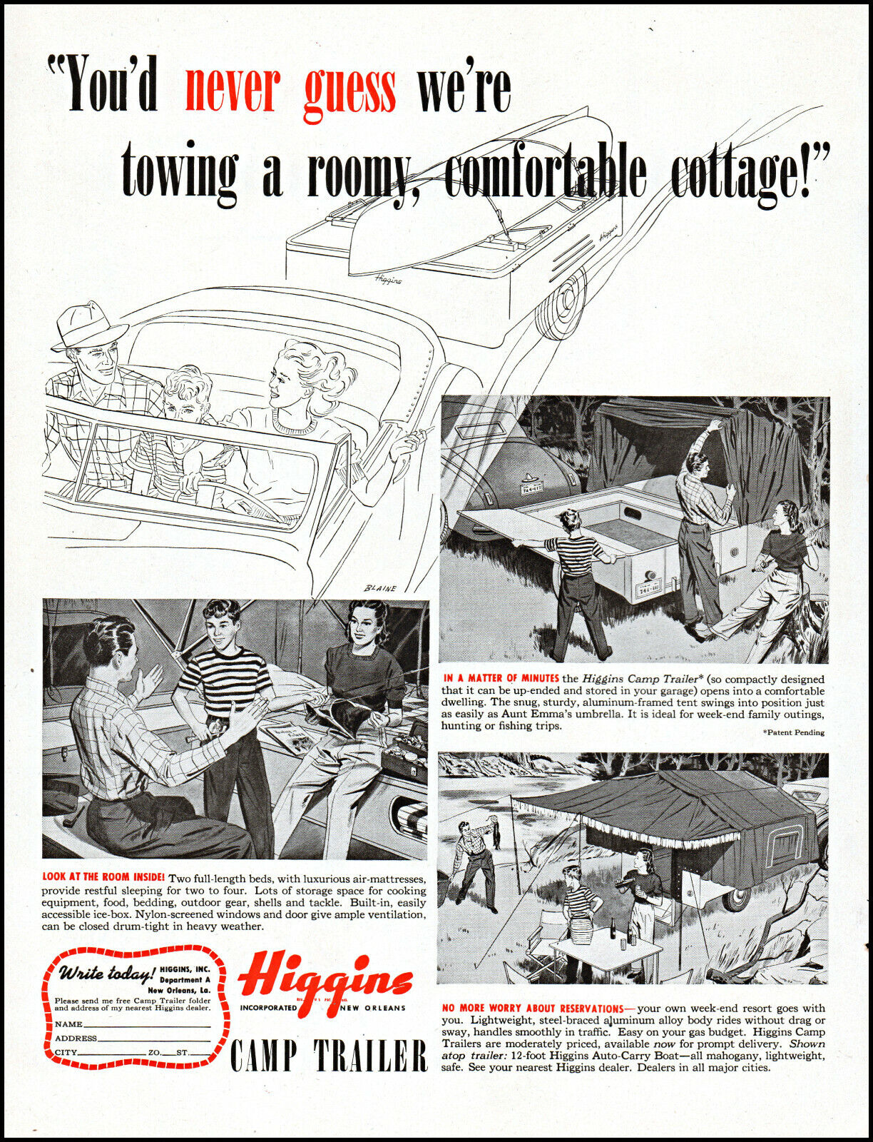 1947 HigginsCamp Trailer vaction family travel cottage vintage art print ad L61