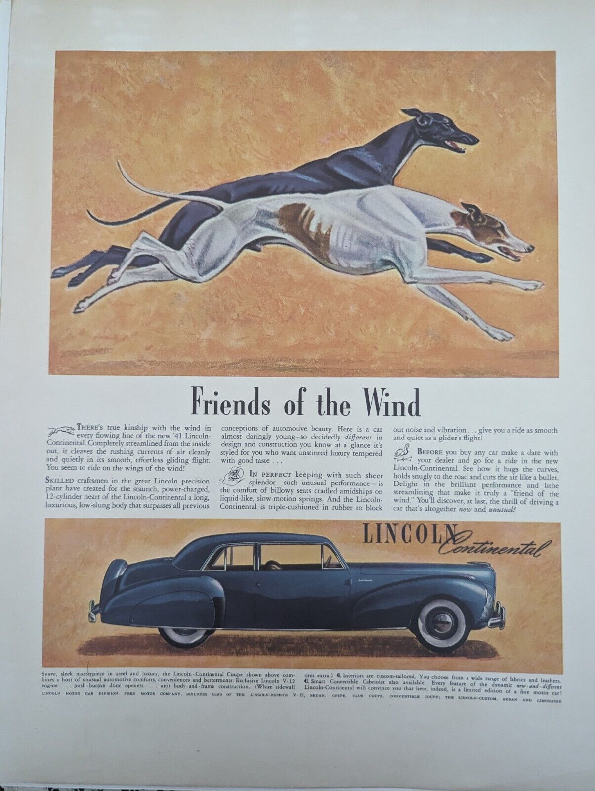 Vintage 1941 Magazine Ad Advertising Lincoln Continental Car Greyhound Dogs