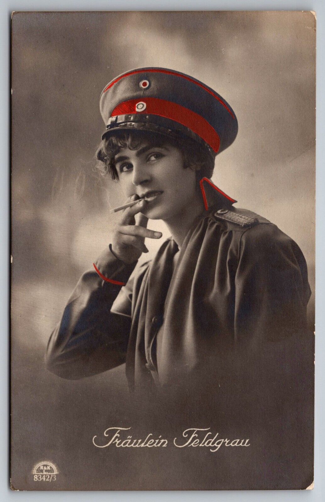 World War 1 era Fraulein Feldgrau beautiful woman uniform smoking RPPC postcard