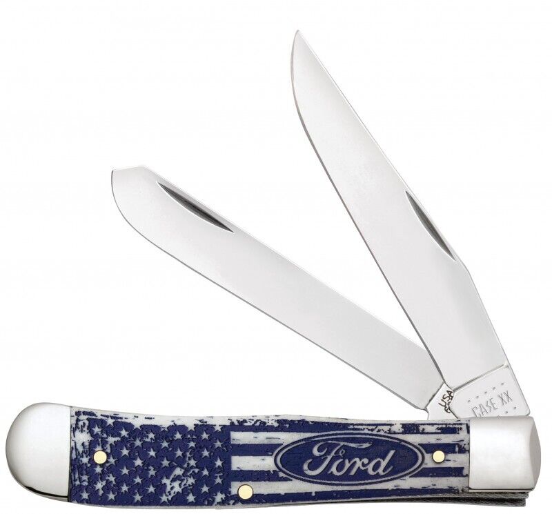 Case xx Knives Ford Trapper Blue White Natural Bone U.S. Flag Logo 14328