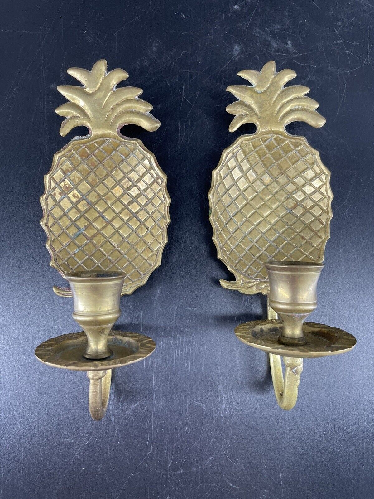 Vintage Brass Pair Candle Wall Sconces Pineapple Hollywood Regency