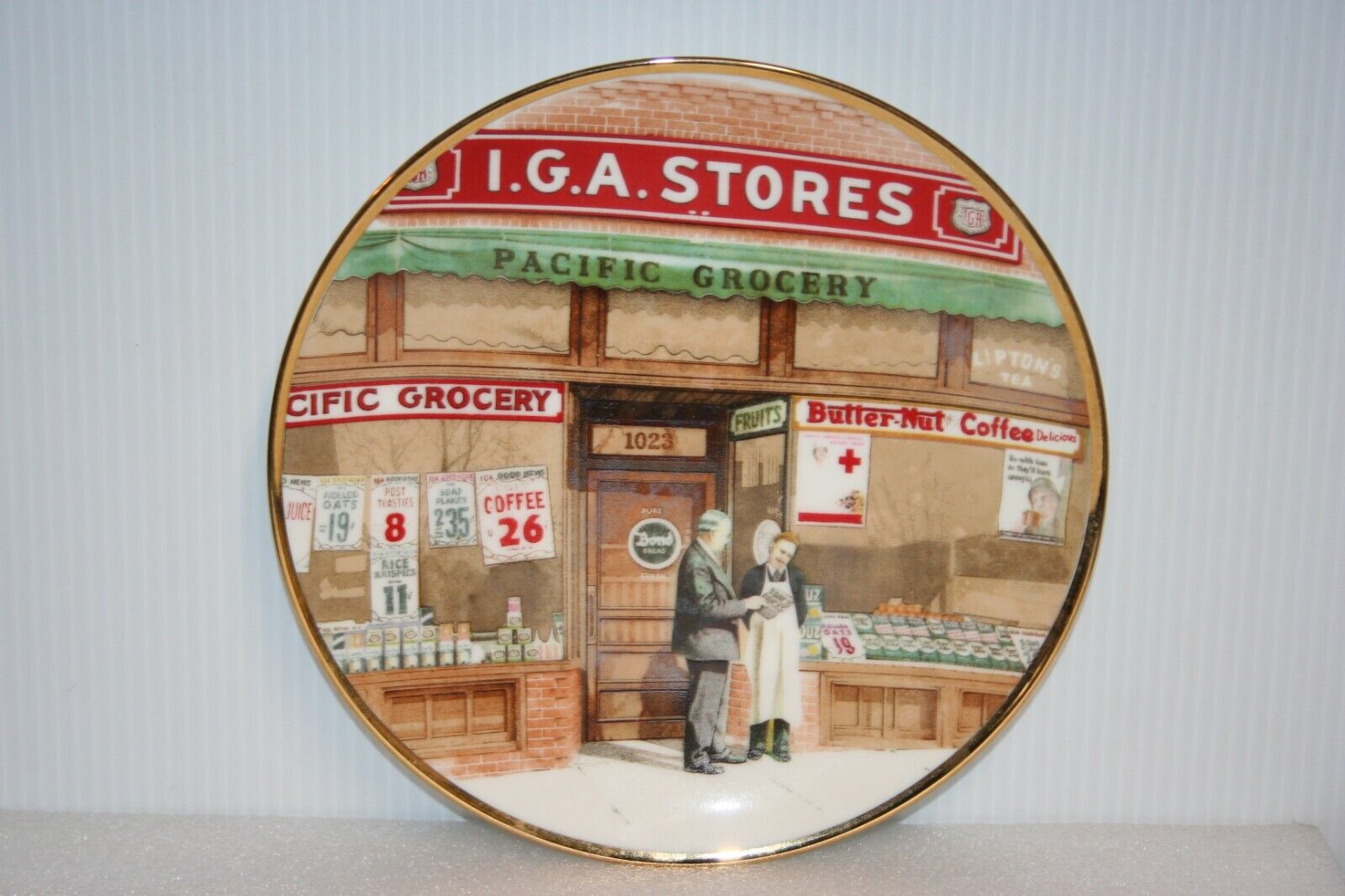 Porcelain Collector Plate IGA Pacific Grocery Store Ole Time Brands Pricing Vtg