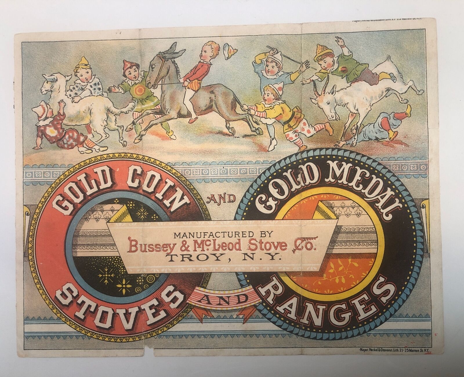 1870\'s Gold Coin Stoves, Gold Medal Ranges, Bussey & McLeod Folder Trade Card NY
