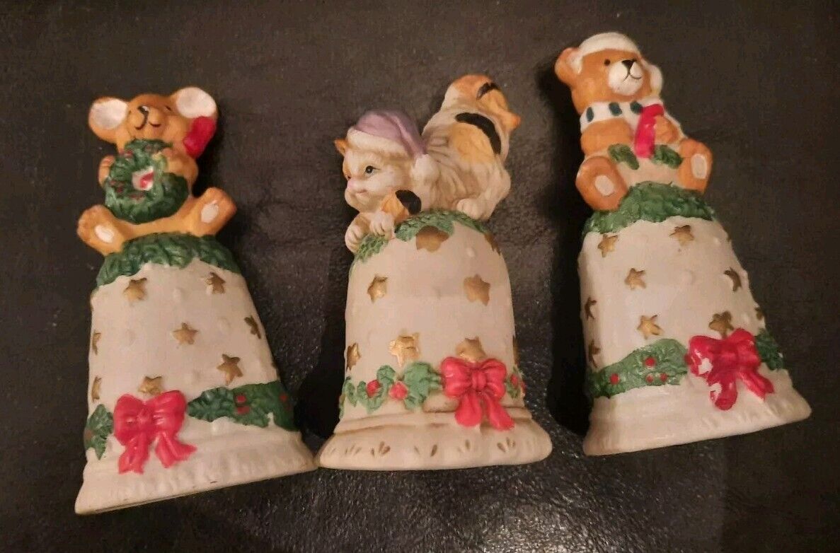 Lot Of 3 Vintage Holiday Bell Porcelain Bells Bears And Cat  Excelent 