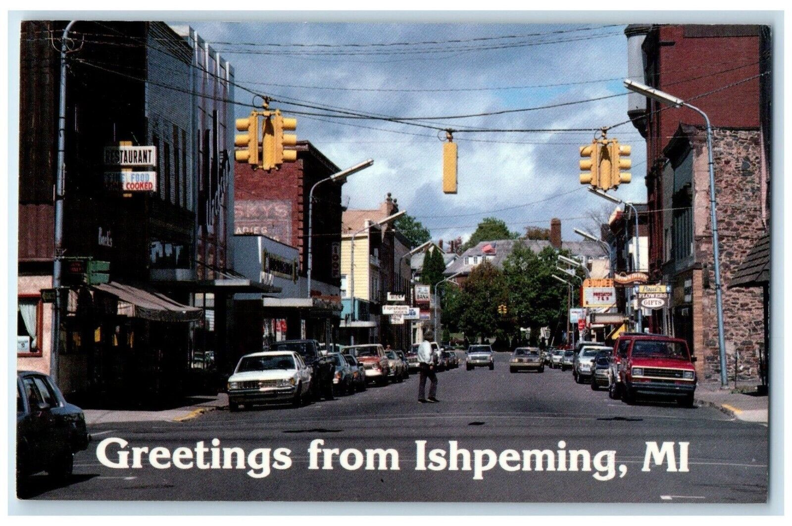 c1960 Greetings Shopping District Peninsula Exterior Ishpeming Michigan Postcard