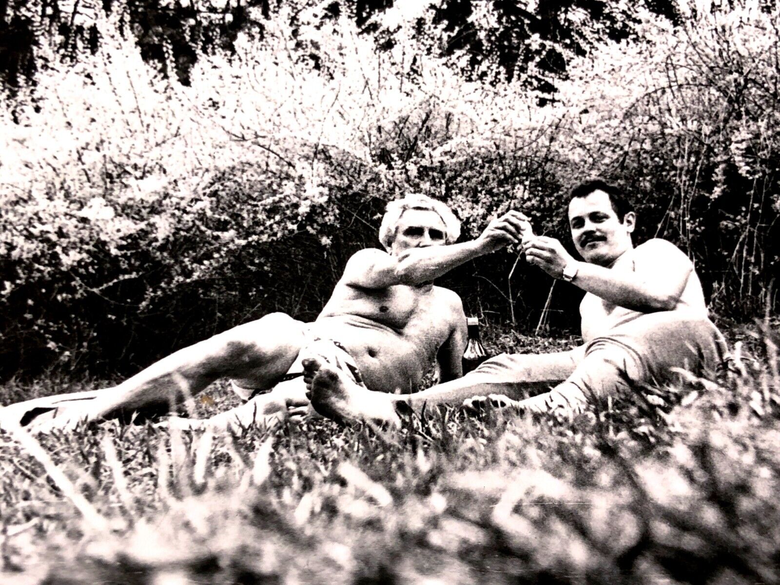 1970s Shirtless Men Affectionate Guys Trunks Bulge Lying Gay int Vintage Photo
