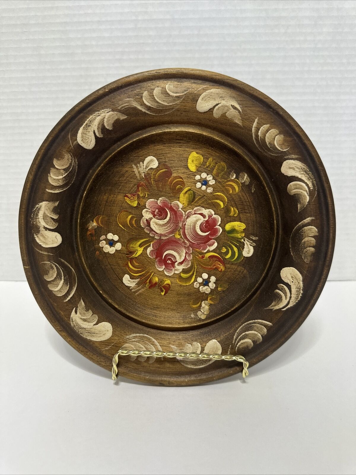 Vintage Hand Painted Flowers Floral Wooden Wood Plate Decorative 8.5”