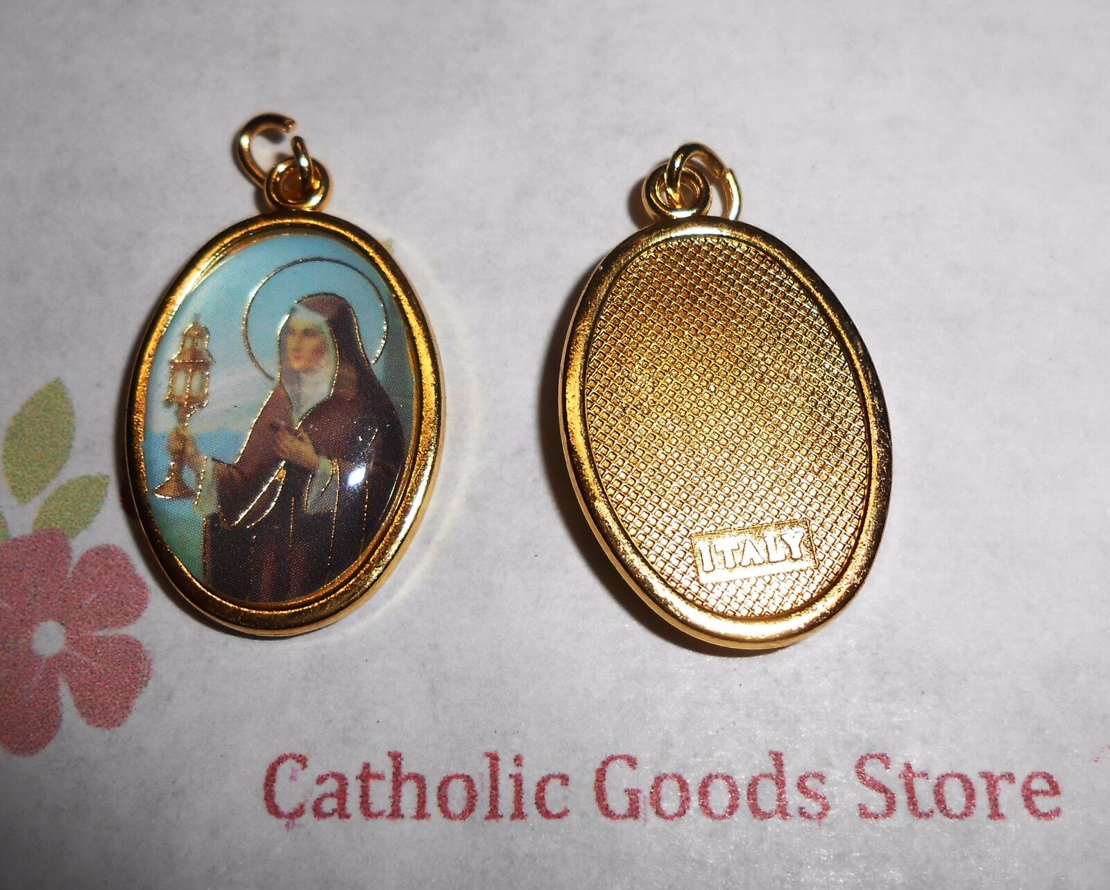 Saint St Clare Italian 1 inch Gold Tone and Enameled - Medal