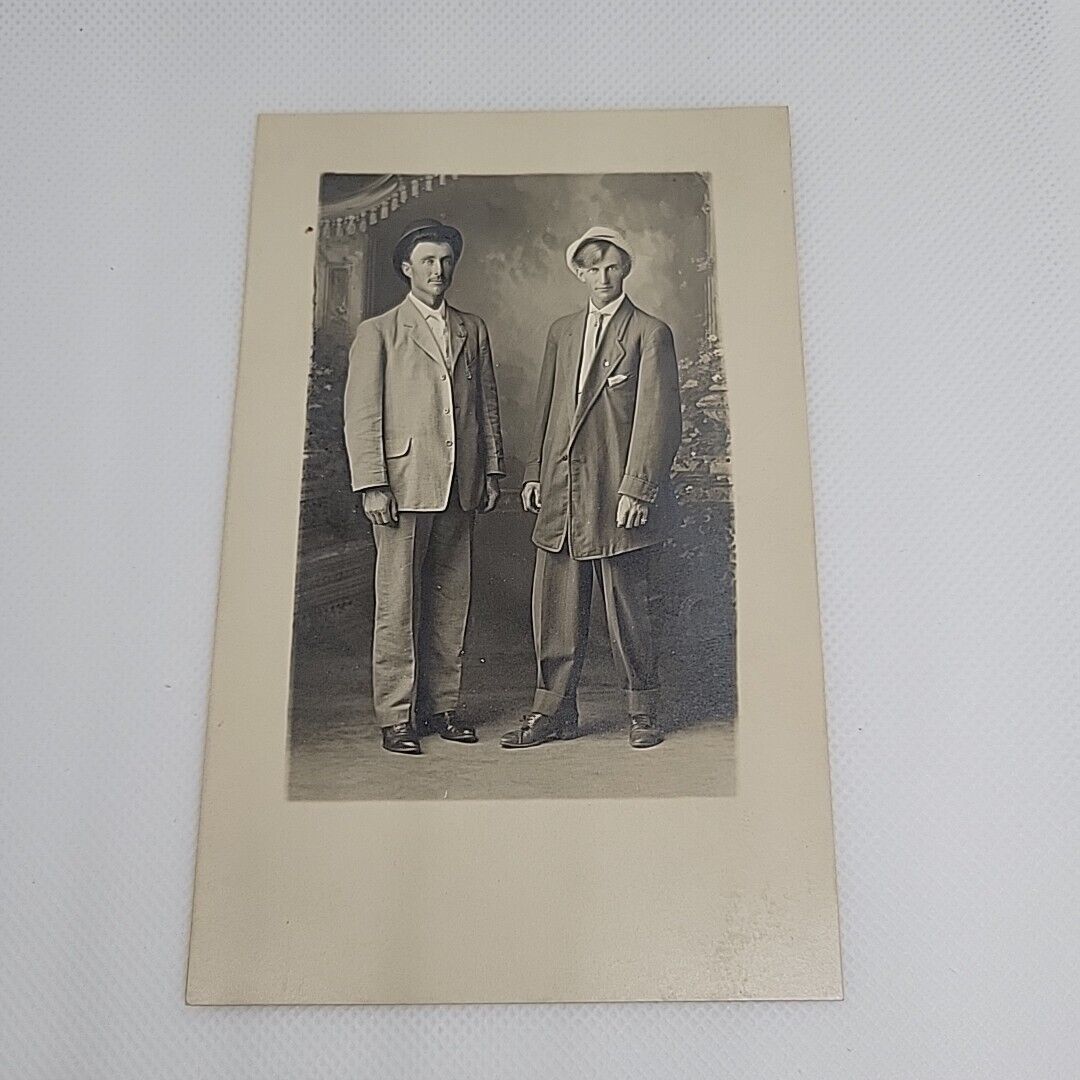 Old 1900\'s RPPC Postcard Two Men in Suits Hats Posing Antique Studio