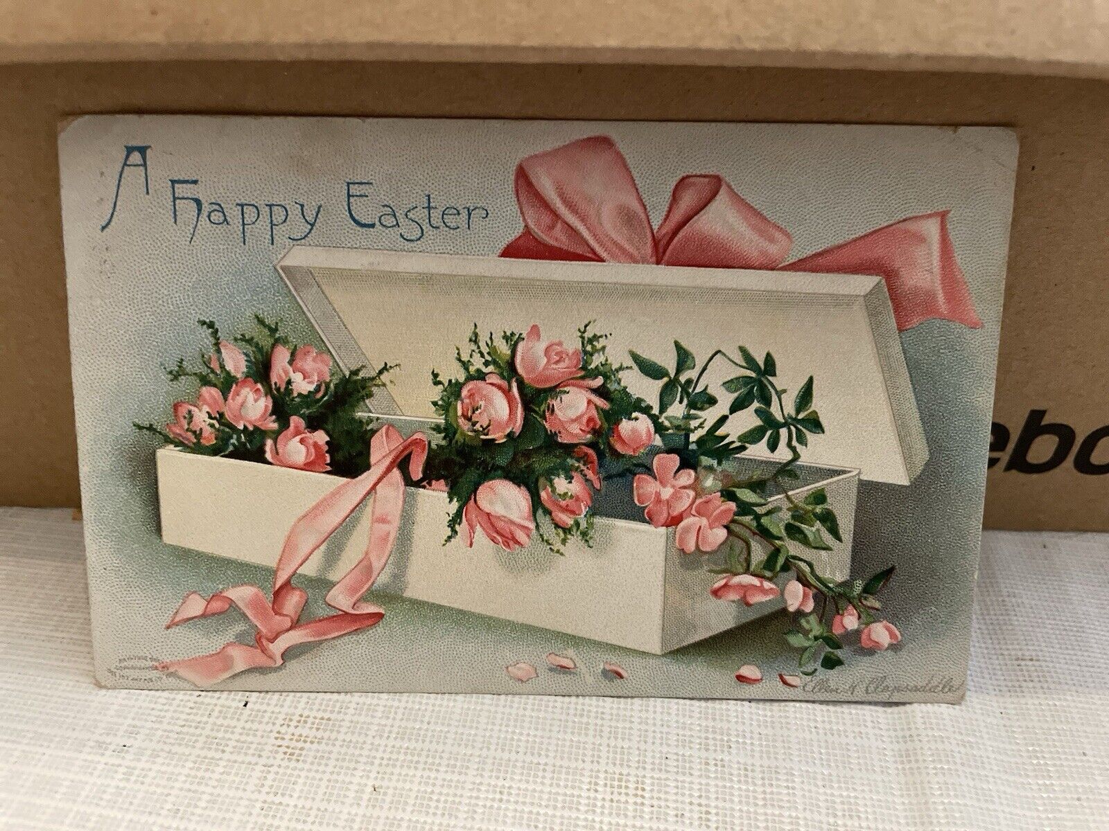 Vtg Postcard Embossed A Happy Easter Pink Roses In Box 1911