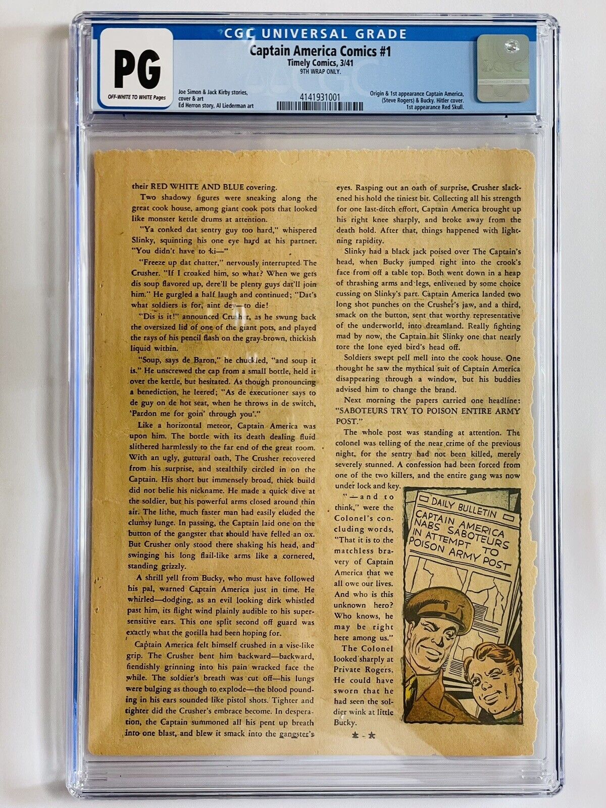 Captain America Comics #1 1941 - Timely - 9th WRAP ONLY - CGC PG Page OW/W Pages