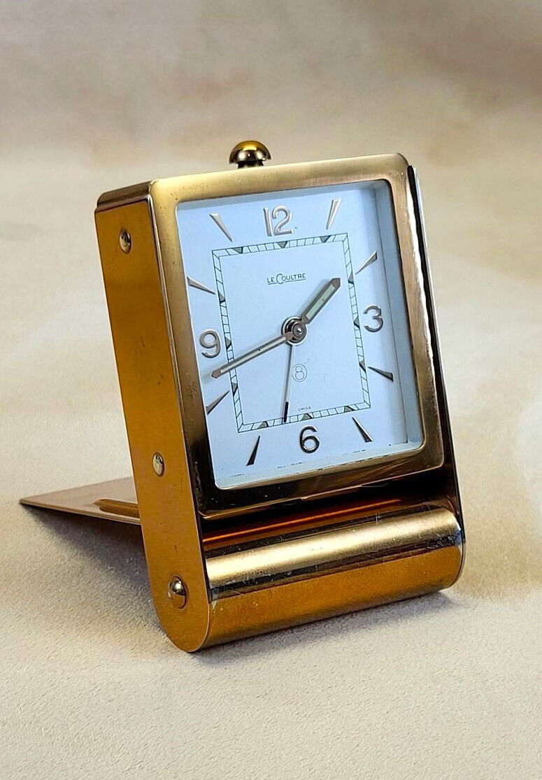 Classic 1960s LeCoultre 8-Day Folding Travel Alarm Clock Rose Gold Plated Case