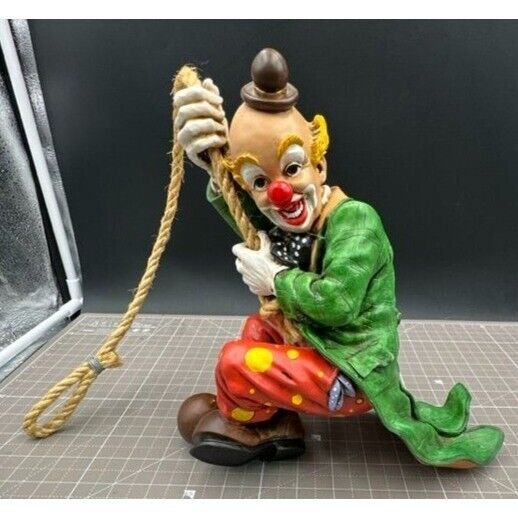 1997 Large Resin Happy Clown Green Coat Climbing Rope Signed