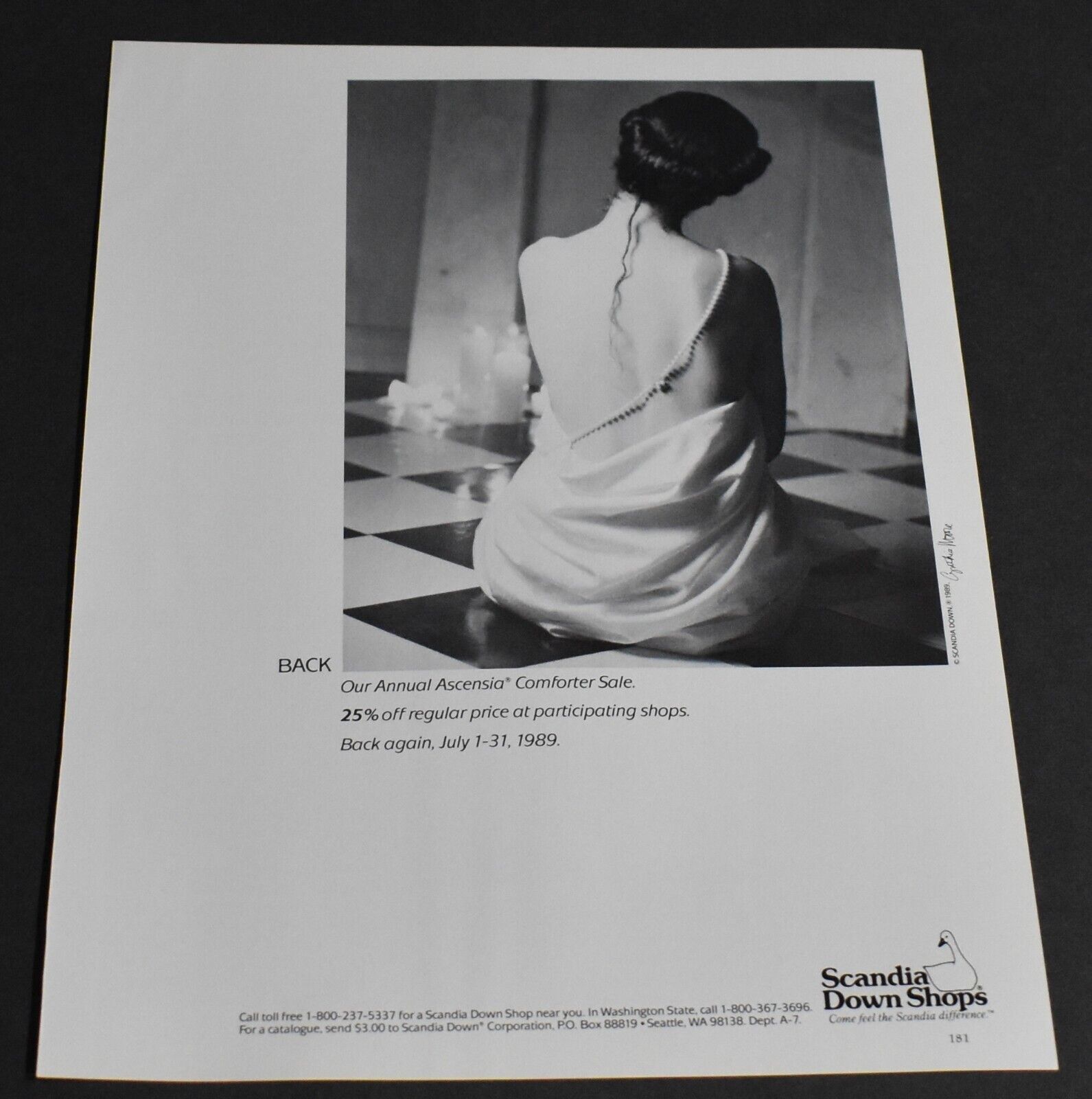 1989 Print Ad Scandia Down Shops Ascensia Comforter Lady Bare Back Beauty art