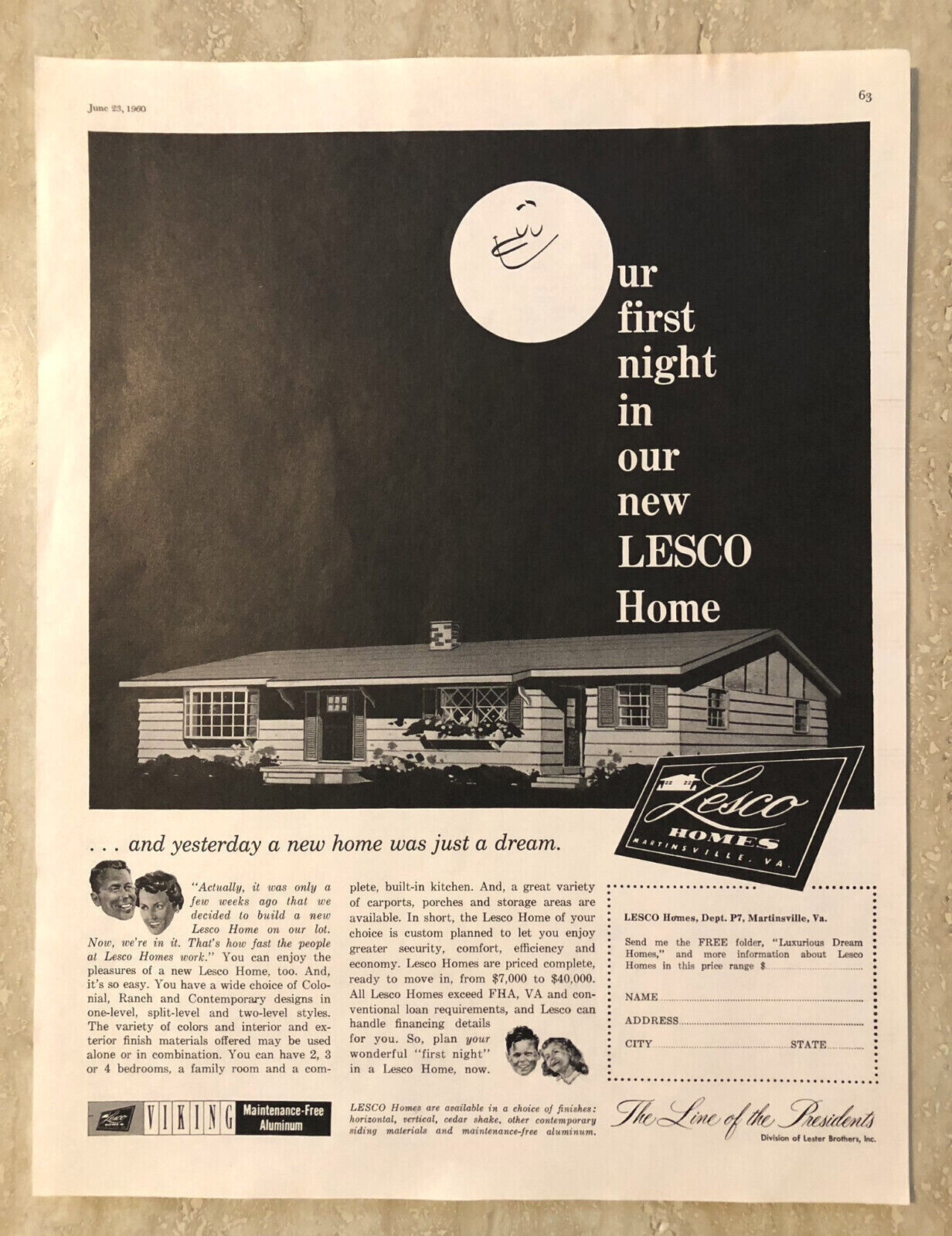 1960 Leser Homes Martinsville VA Viking Maintenace Free Aluminum Vtg Print Ad