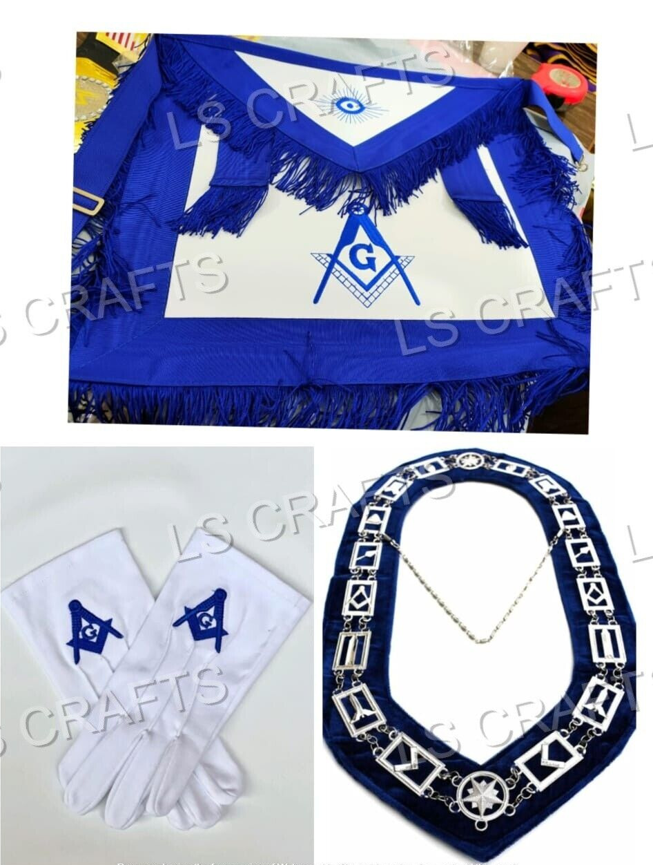 Masonic blue lodge set of apron, chain collar and square compass gloves