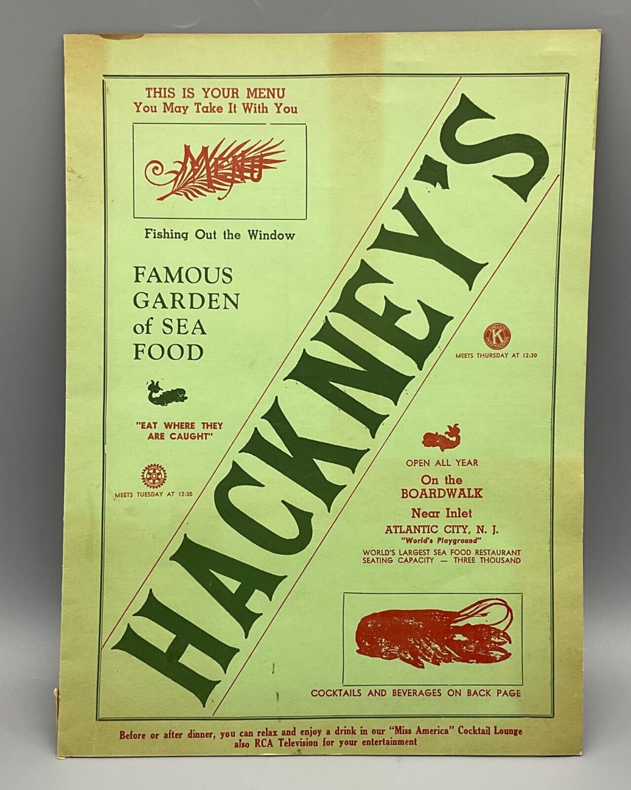 Hackney\'s Restaurant menu Atlantic City 1950s seafood 13x9.5\