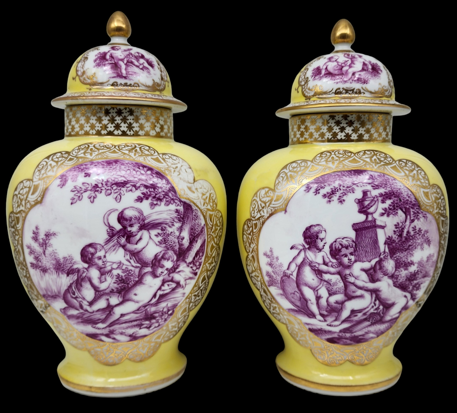Early MEISSEN Pair of Yellow Porcelain Covered Vase / Urns