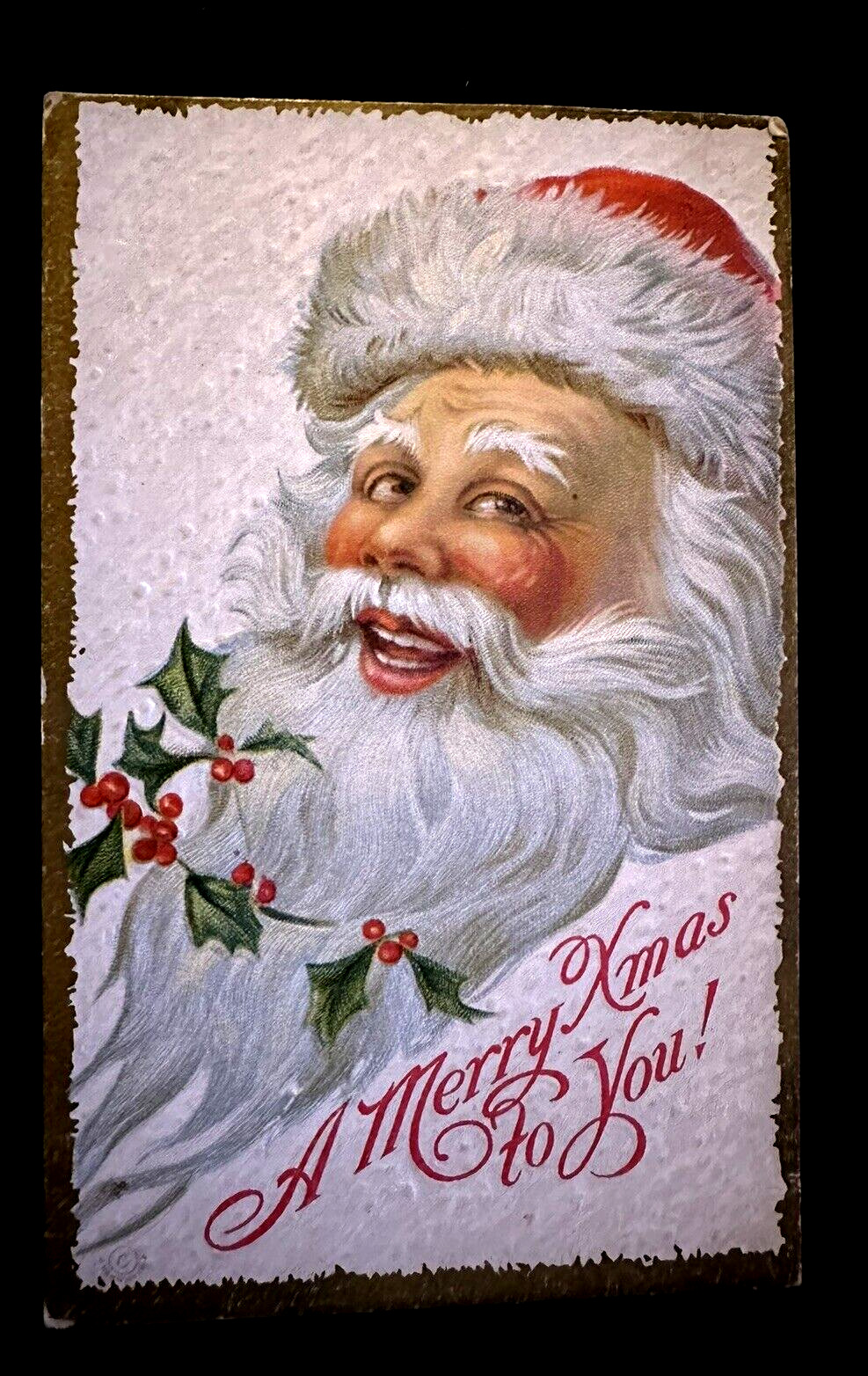 Happy Jolly ~Santa Claus with Holly~Antique Christmas   Postcard~h871
