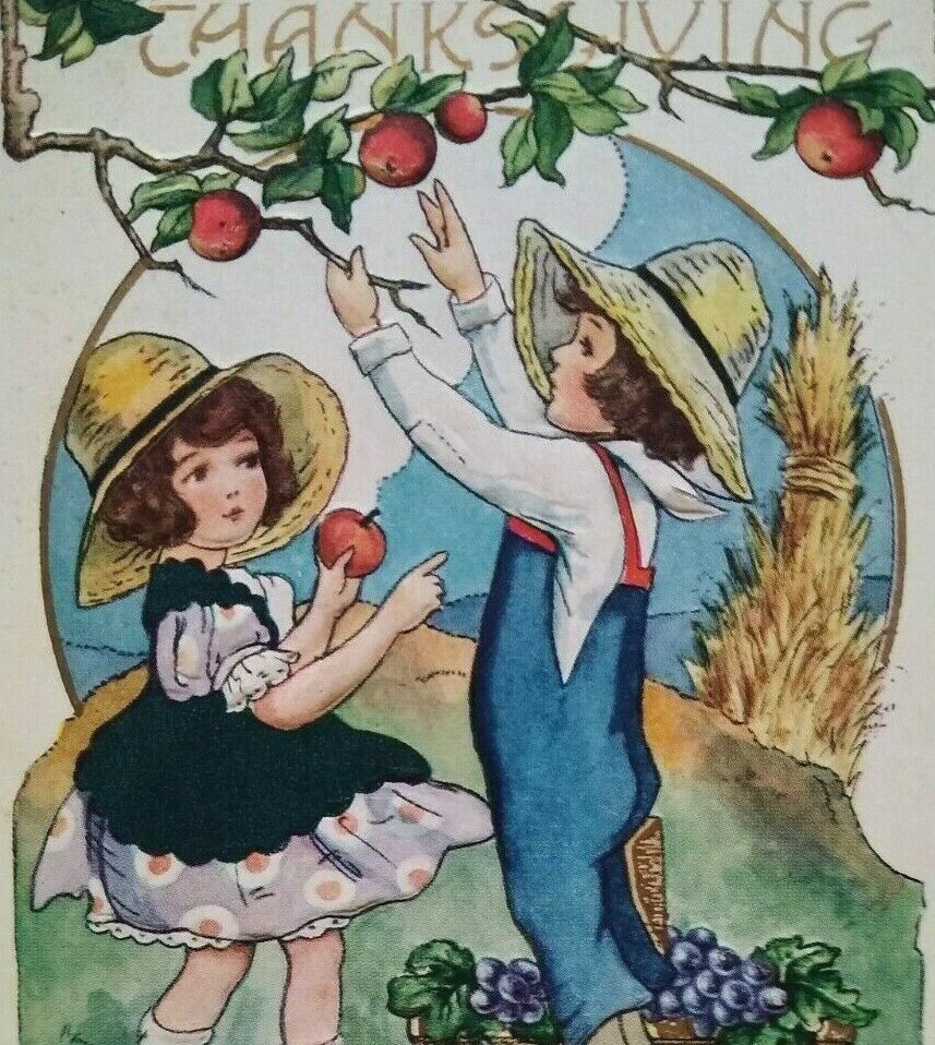 Vintage Thanksgiving Postcard Whitney Children Picking Apples Embossed Unused