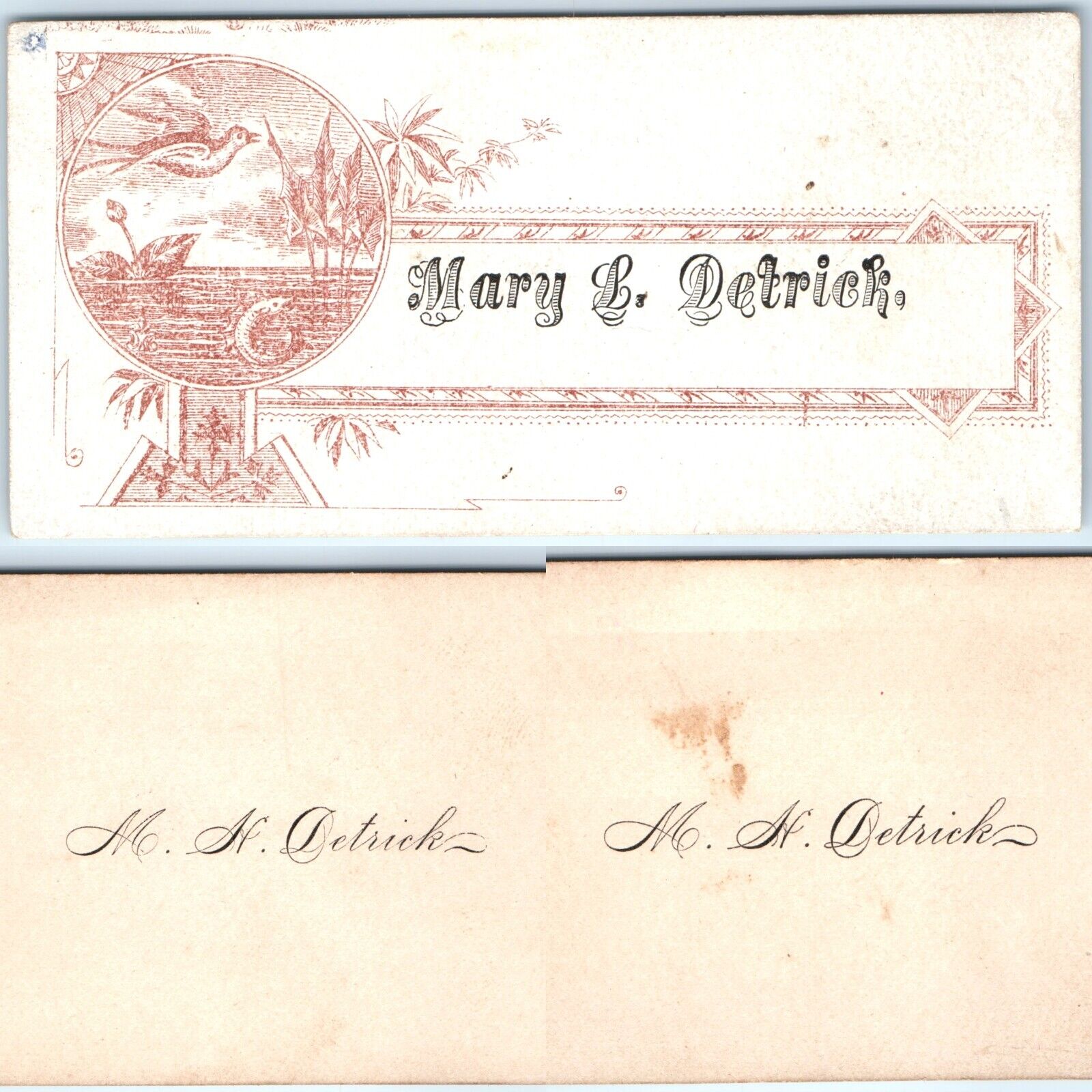 x3 LOT c1880s Detrick Calling Cards Names Litho Color Art Die Cut Trade Mary C51
